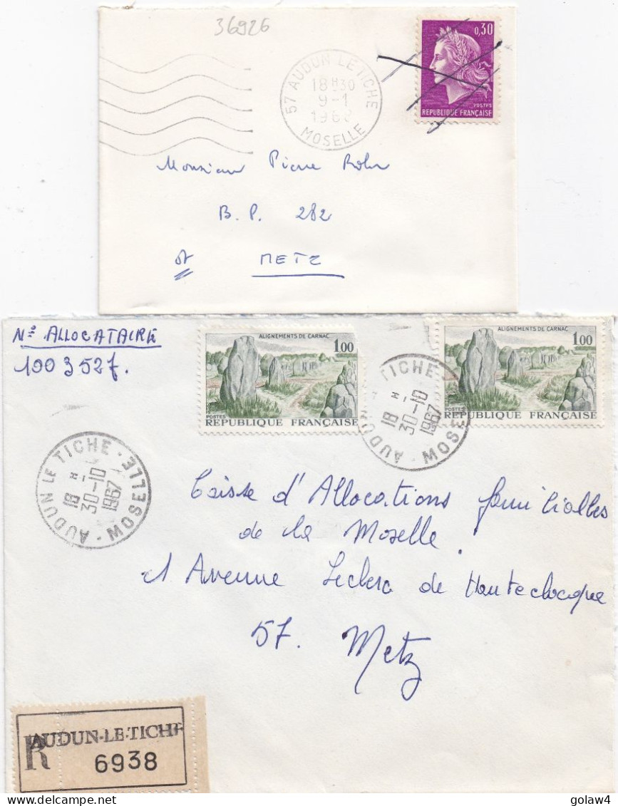 36926# LOT 4 LETTRES FRANCHISE PARTIELLE RECOMMANDE Obl AUDUN LE TICHE MOSELLE 1967 1968 Pour METZ 57 - Lettres & Documents