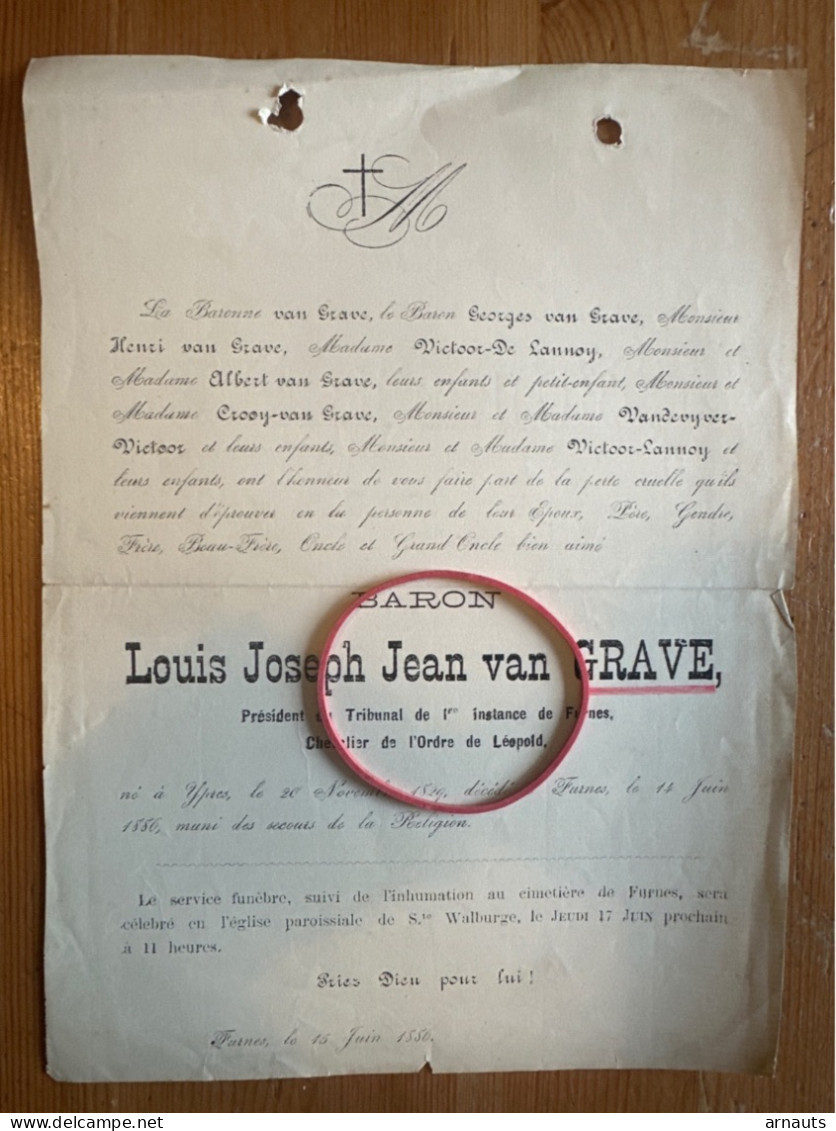 Baron Louis Van Grave *1829 Ypres +1886 Furnes Tribunal 1re Instance De Lannoy Vandevijver Victoor - Todesanzeige