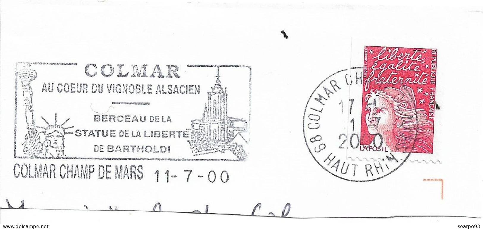 FRANCE. POSTMARK. COLMAR. 2000. STATUE OF LIBERTY. BARTHOLDI - 1961-....