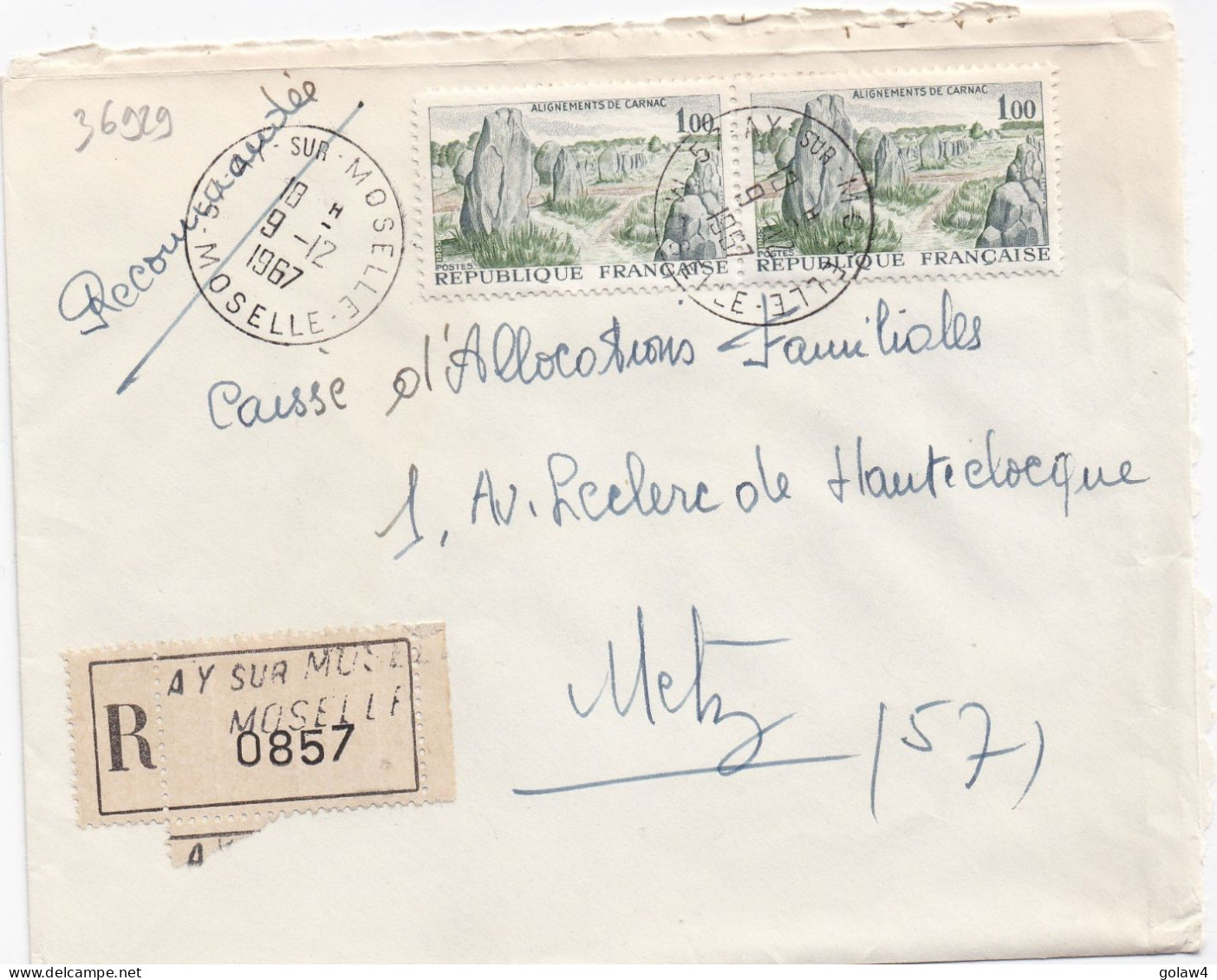 36929# LETTRE FRANCHISE PARTIELLE RECOMMANDE Obl 57 AY SUR MOSELLE MOSELLE 1967 Pour METZ - Brieven En Documenten