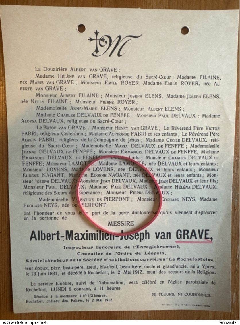 Messire Albert Van Grave *1831 Ypres +1912 Rochefort La Rochefortoise Filaine Elens Delvaux De Fenffe Lamotte Lovens - Obituary Notices