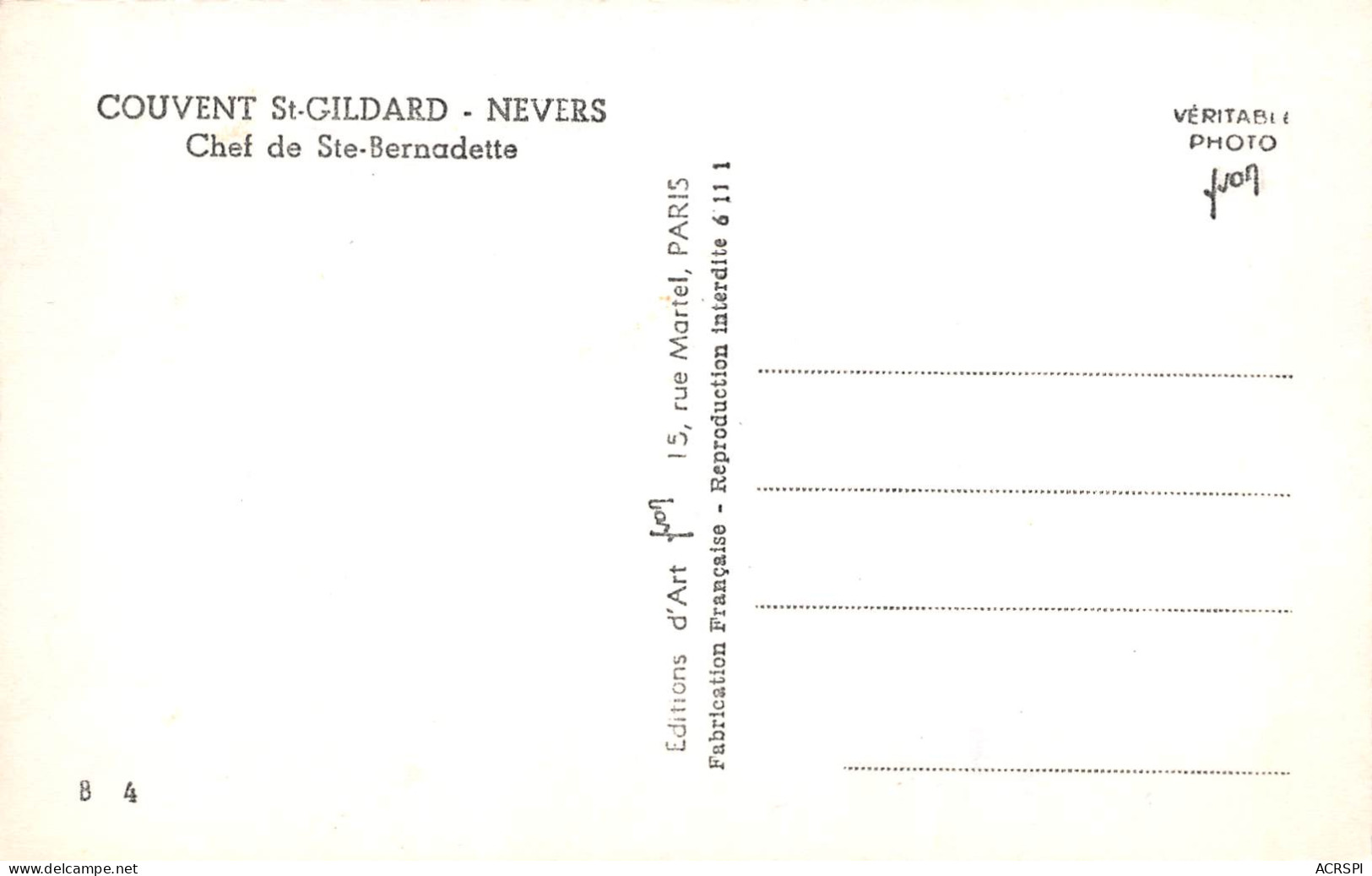 58 NEVERS Couvent Saint GILDARD Chef De Ste Bernadette  N° 8 \MK3028 - Nevers