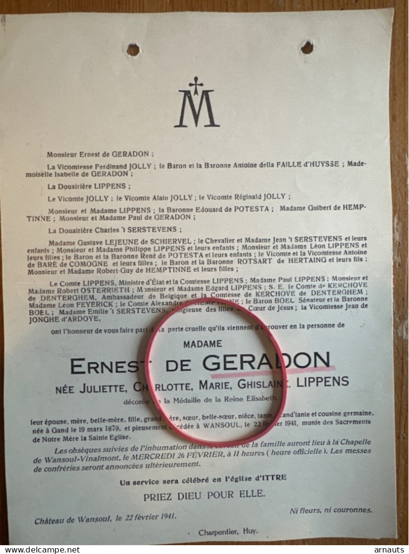 Madame Ernest De Geradon Nee Lippens Medaille Reine Elisabeth *1879 Gand +1941 Wansoul Vinalmont Ittre Huy Jolly Potesta - Todesanzeige