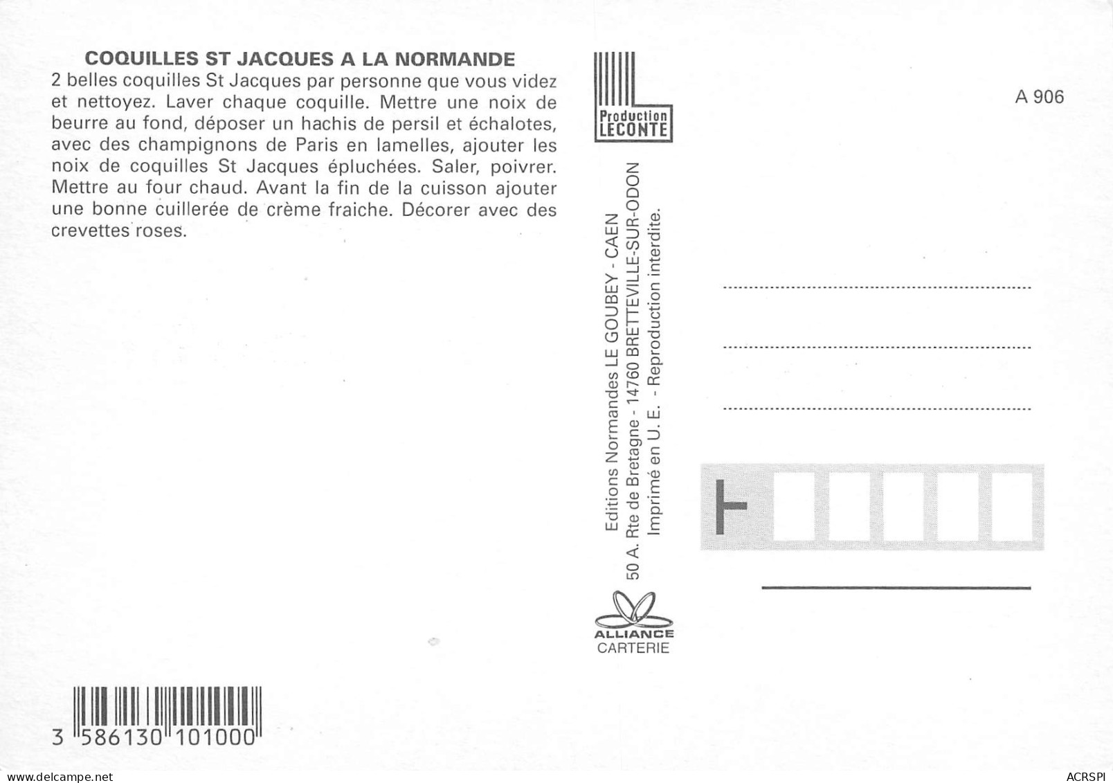 Recette Coquilles Saint Jacques à La Normande  Caen   N° 15 \MK3029 - Recettes (cuisine)