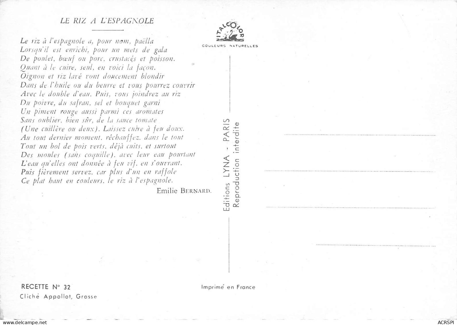 Recette  Le Riz à L'espagnole Par Emilie Bernard  N° 19 \MK3029 - Küchenrezepte