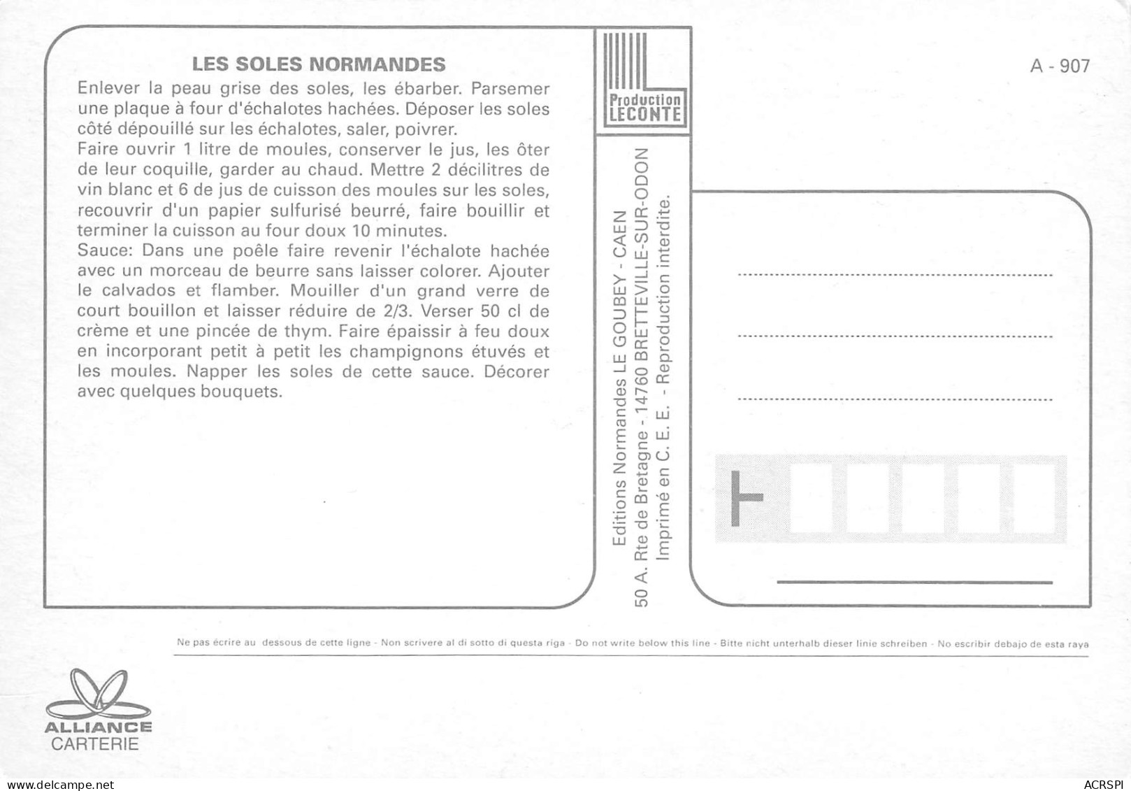 Recette Soles à La Normande Sole Bretteville Sur Odon  Caen   N° 22 \MK3029 - Recipes (cooking)