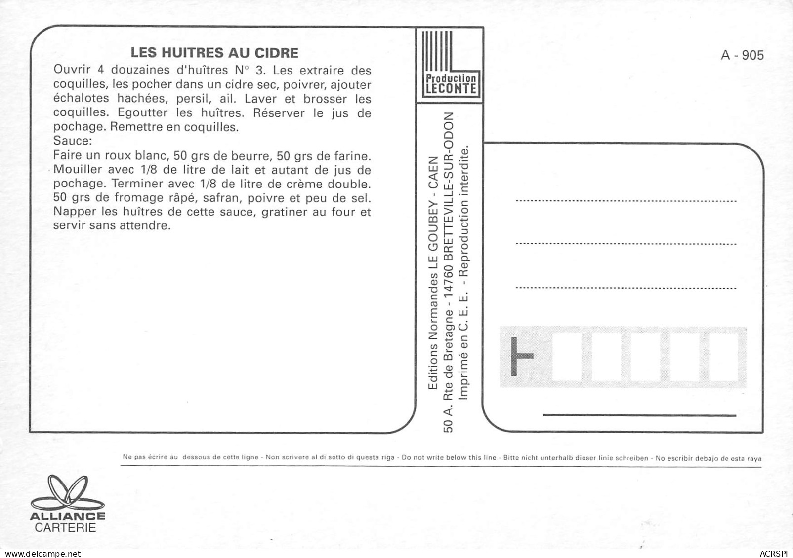 Recette Les Huitres Au Cidre Bretteville Sur Odon  Caen   N° 23 \MK3029 - Recipes (cooking)