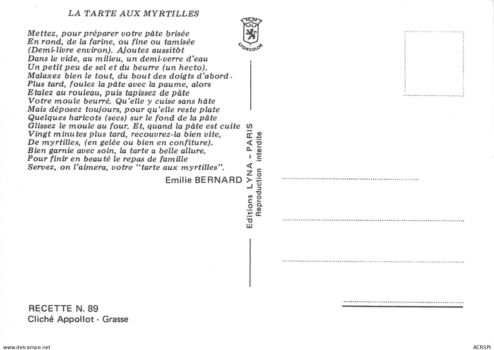 Recette TARTE Aux Myrtilles Par Emilie Bernard Cliché Appollot GRASSE N° 34 \MK3029 - Recepten (kook)