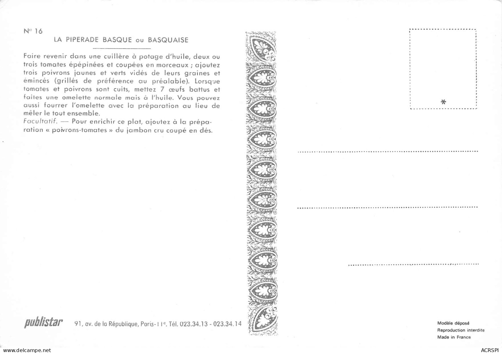 Recette PIPERADE BASQUE Ou BASQUAISE Jambon De Bayonne  N° 70 \MK3029 - Recepten (kook)