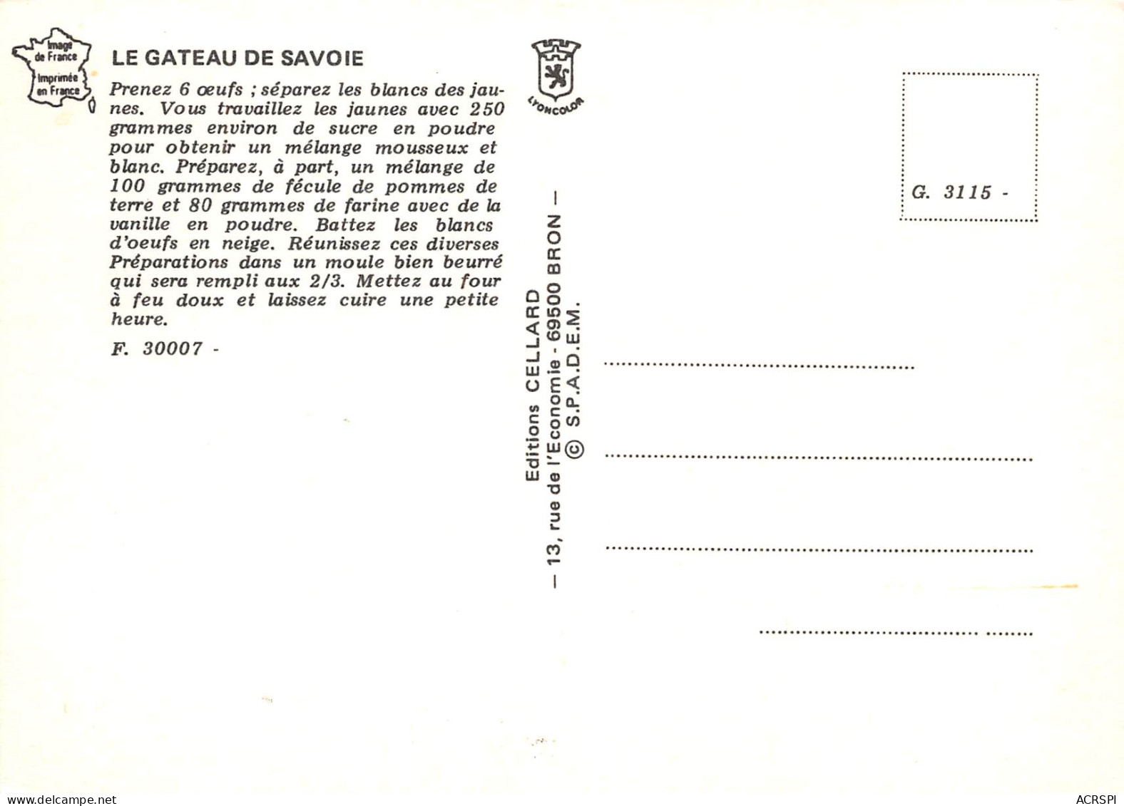 Recette Gateau De Savoie Chambéry N° 72 \MK3029 - Küchenrezepte