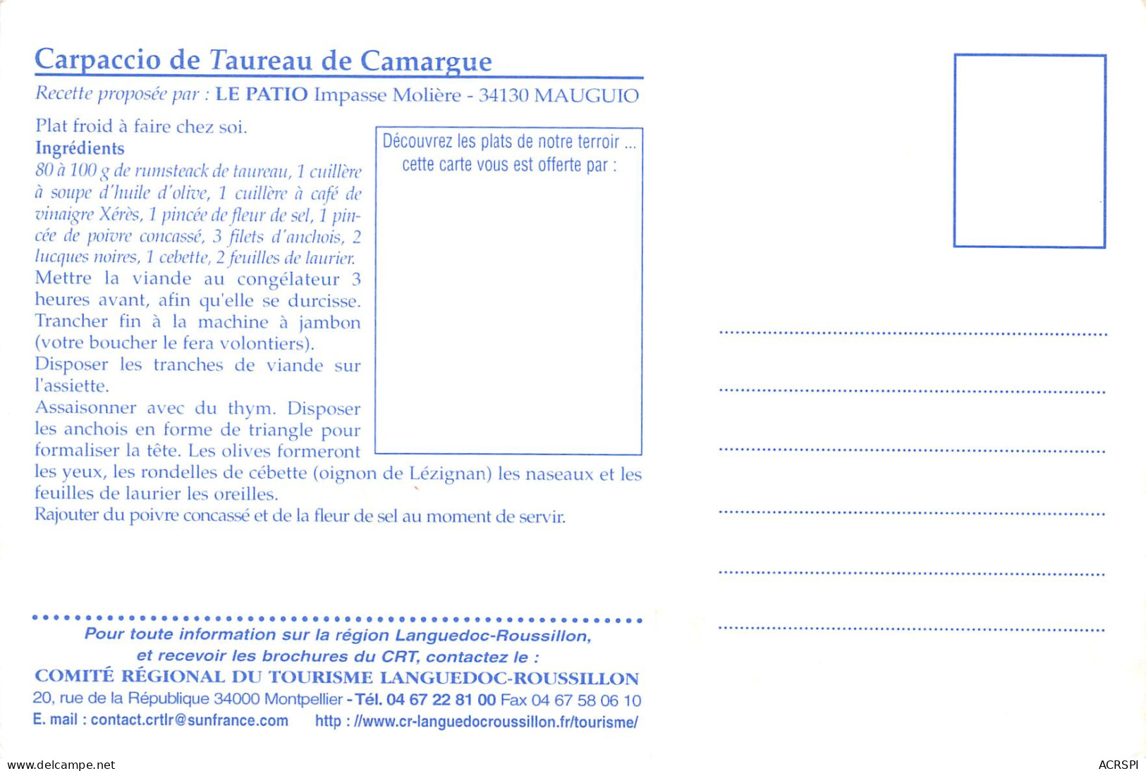 Recette Carpaccio De Taureau De Camargue Restaurant LE PATIO à MAUGIO   N° 75 \MK3029 - Recettes (cuisine)