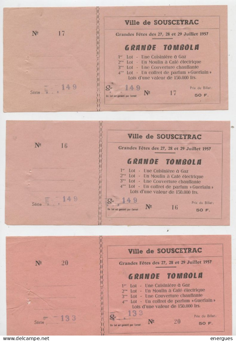 Sousceyrac, Figeac, 3 Billets Tombola Avec Talon, 1957, Billet Loterie, Coffret Parfum Guerlain,Grandes Fêtes  Ville - Lottery Tickets