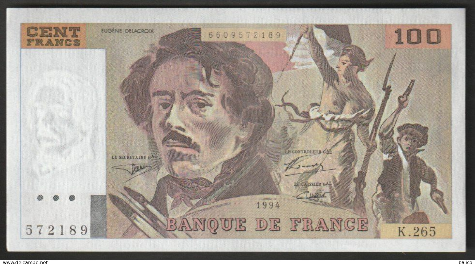 100 Francs - Delacroix 1994 - K.265 - 572189  - NEUF, Pas De TROU Et Pas De Plis - TTB - 100 F 1978-1995 ''Delacroix''