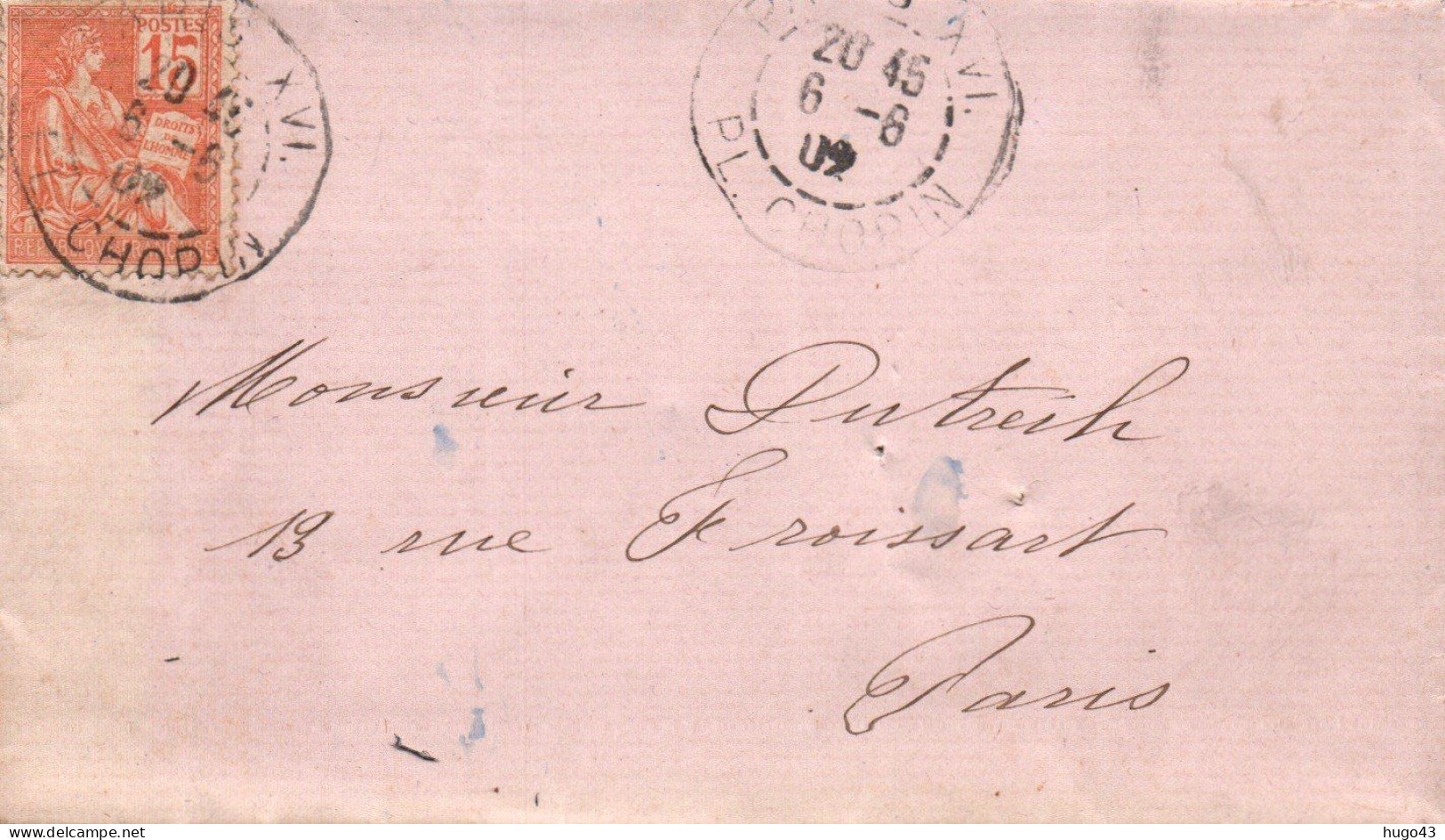 (RECTO / VERSO) ENVELOPPE EN 1902 AVEC CACHET PARIS PLACE CHOPIN - BEAU TIMBRE - ENVELOPPE  PETIT FORMAT - Mechanical Postmarks (Advertisement)
