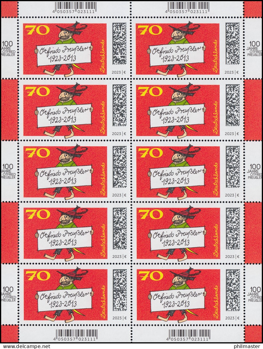 3788 Kinderbuchautor Otfried Preußler: Räuber Hotzenplotz - 10er-Bogen ** / MNH - 2001-2010