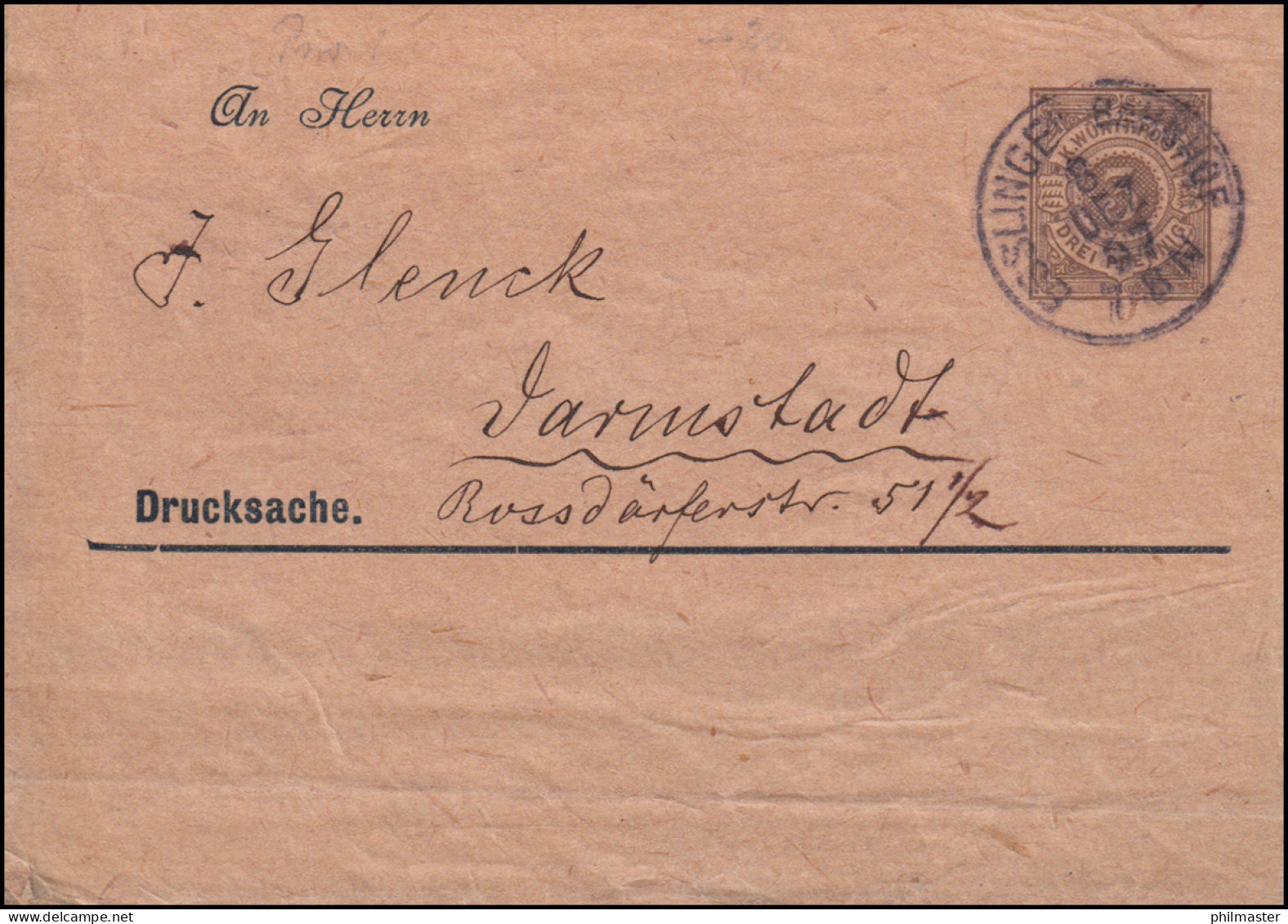 Württemberg PS 2 Streifband Die Briefmarke ESSLINGEN-BAHNHOF 8.12.97 N.Darmstadt - Entiers Postaux