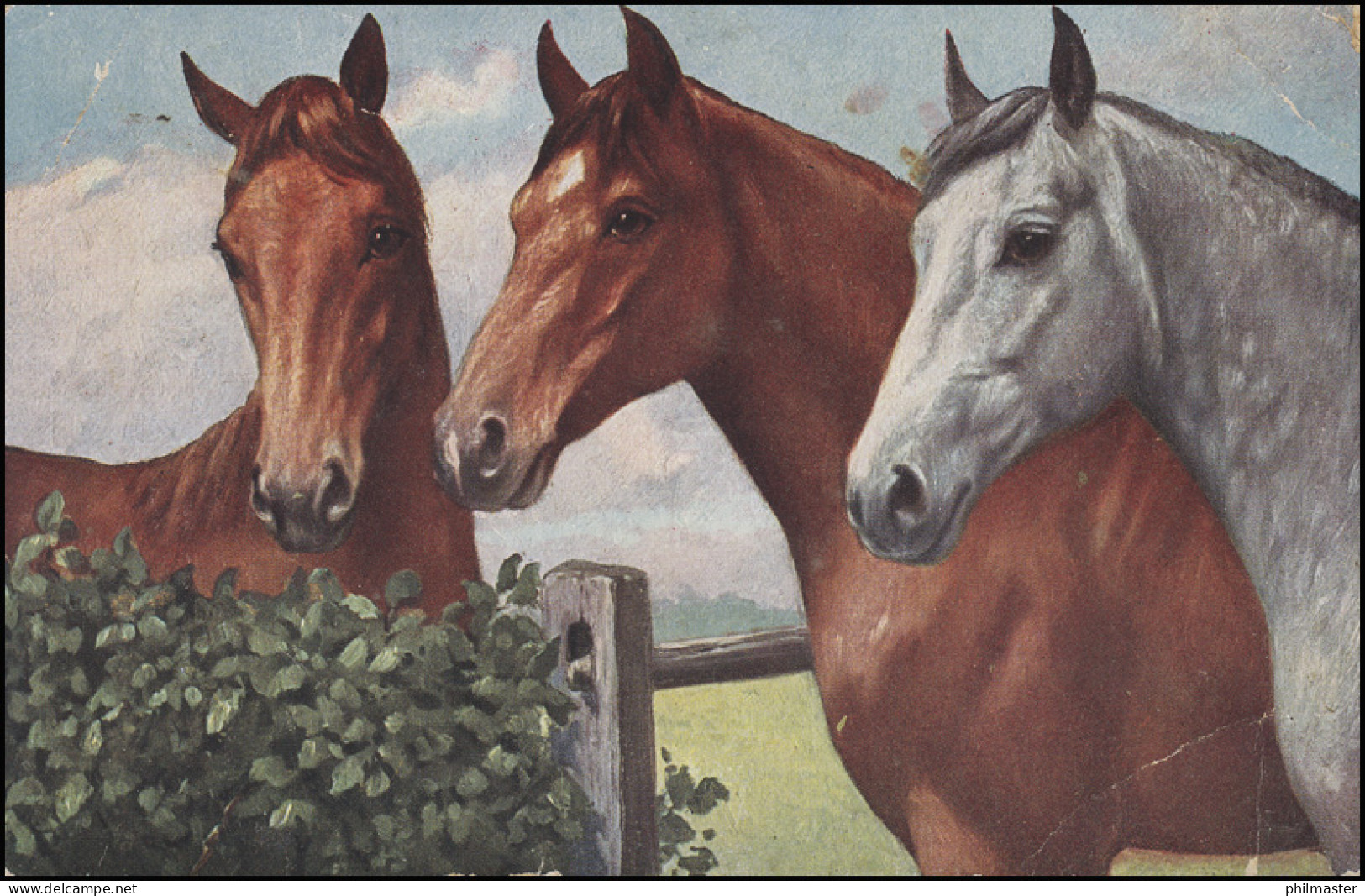 Feldpost Mit BS 5.A.M.K. 16.A.K. FELDPOST 4.2.17 Auf AK Gemälde Drei Pferde - Autres & Non Classés