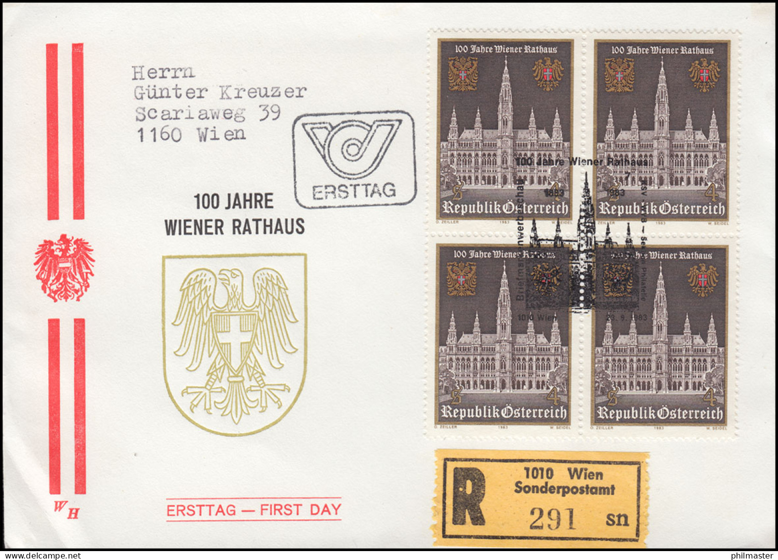 Österreich 1752 Rathaus Wien Schmuck-R-FDC WIEN 23.9.1983 Sonder-R-Zettel - Otros & Sin Clasificación