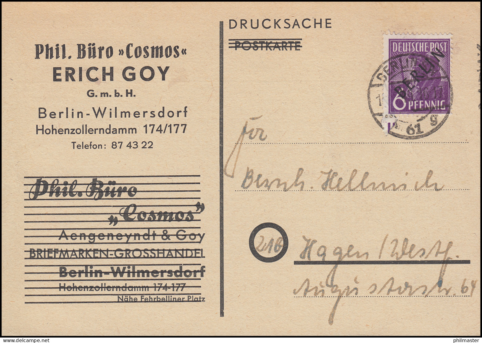 2 Schwarzaufdruck 6 Pf EF Drucksache Philat. Büro Cosmos BERLIN 61 G - 14.1.49 - Andere & Zonder Classificatie