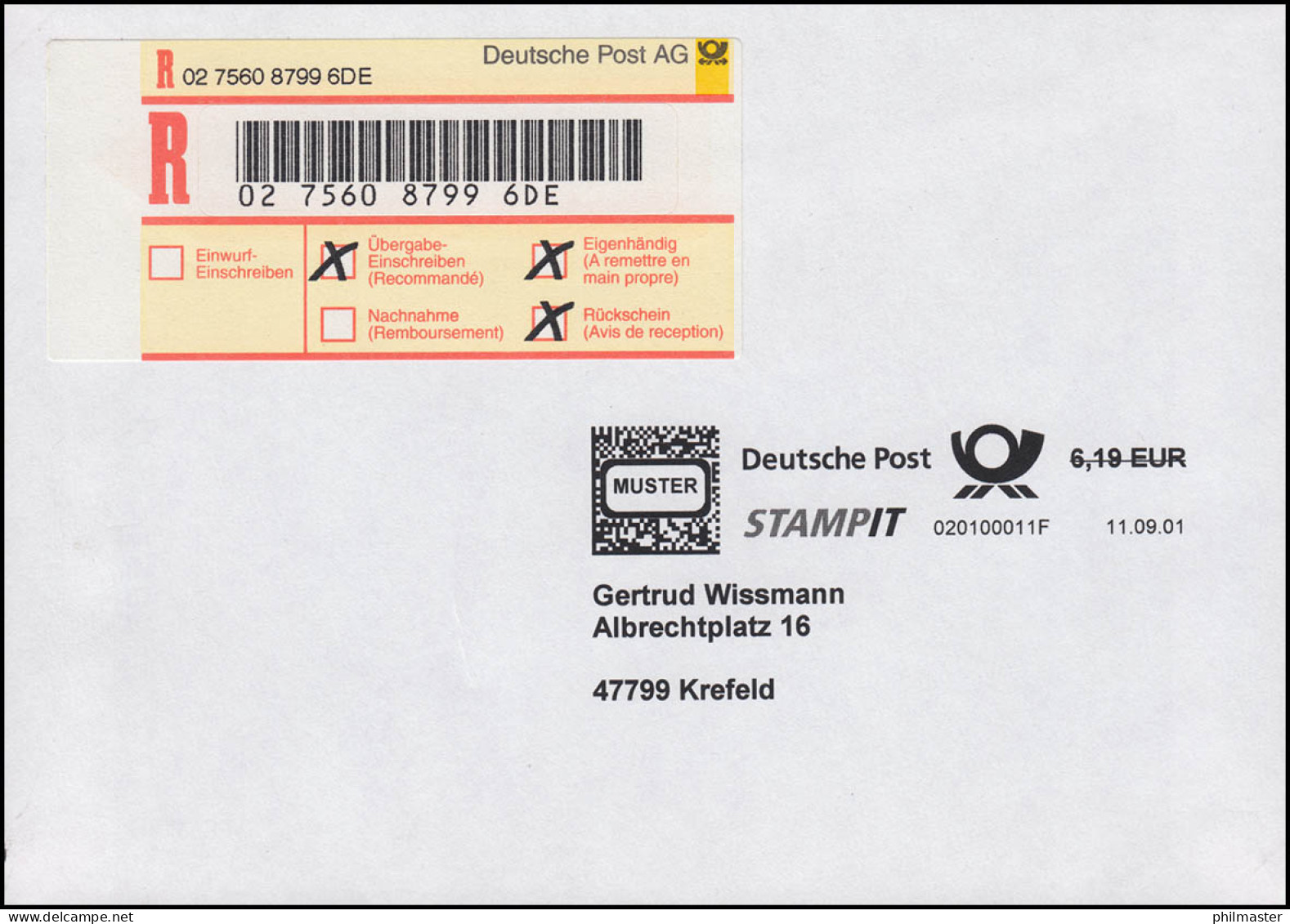 Postautomation: STAMPIT (PC-Frankatur) - MUSTER Mit R-Label Vom 11.9.2001 - Altri & Non Classificati