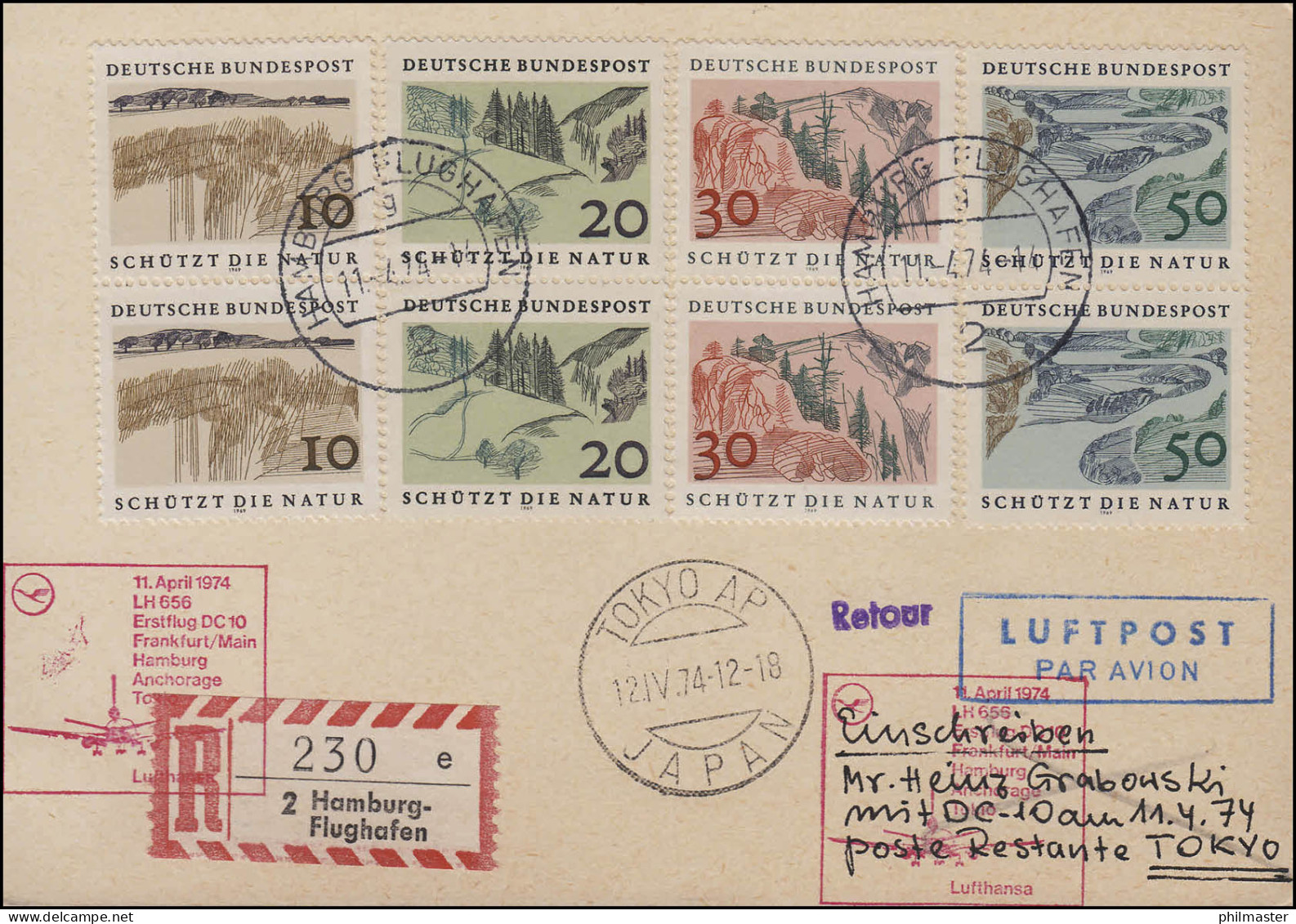 Erstflug DC10 LH 656 Lufthansa R-Postkarte Hamburg/ Tokyo 11.4./12.4.1974 - Premiers Vols