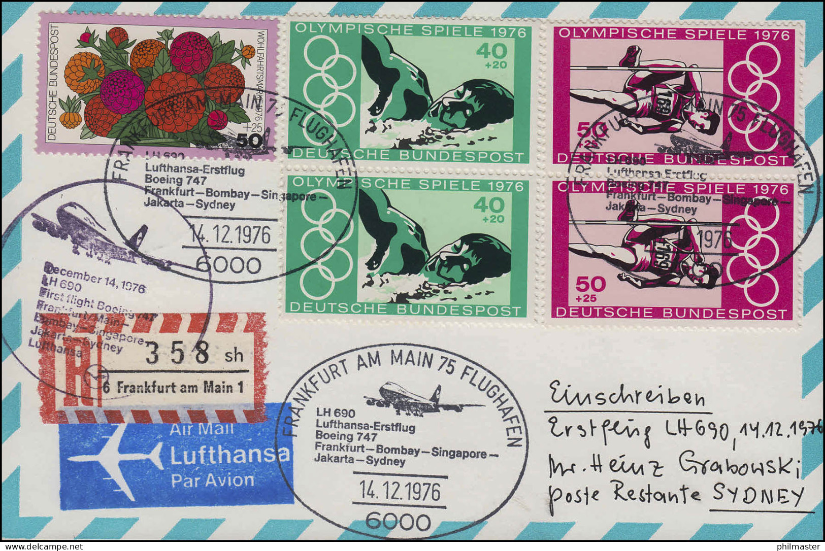 Erstflug Boeing 747 Lufthansa R-Postkarte Frankfurt / Sidney 14.12.76/ 16.12.76 - Premiers Vols