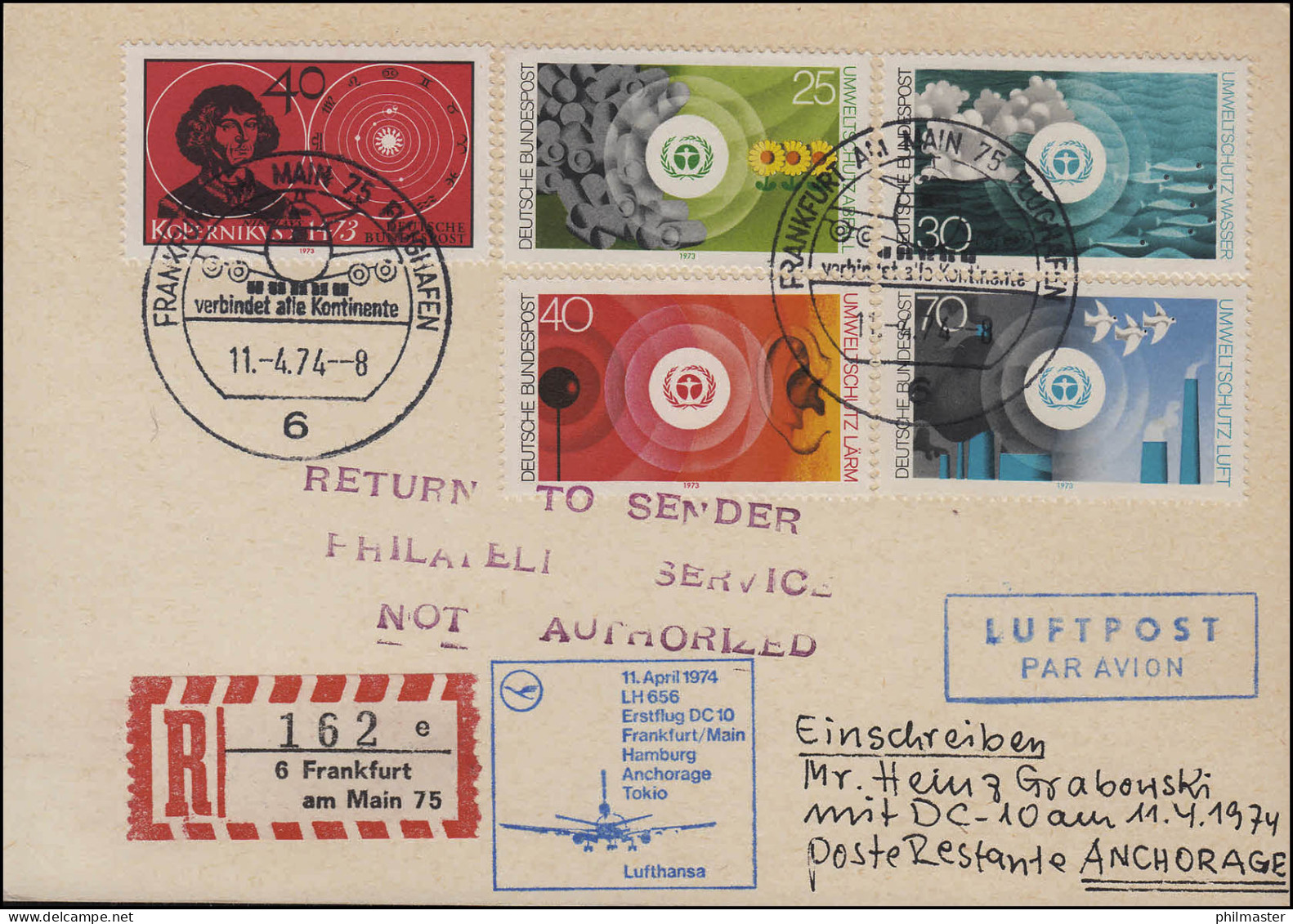 Erstflug DC 10 LH 656 Lufthansa R-Postkarte Frankfurt Nach Anchorage 11.4.1974 - Premiers Vols