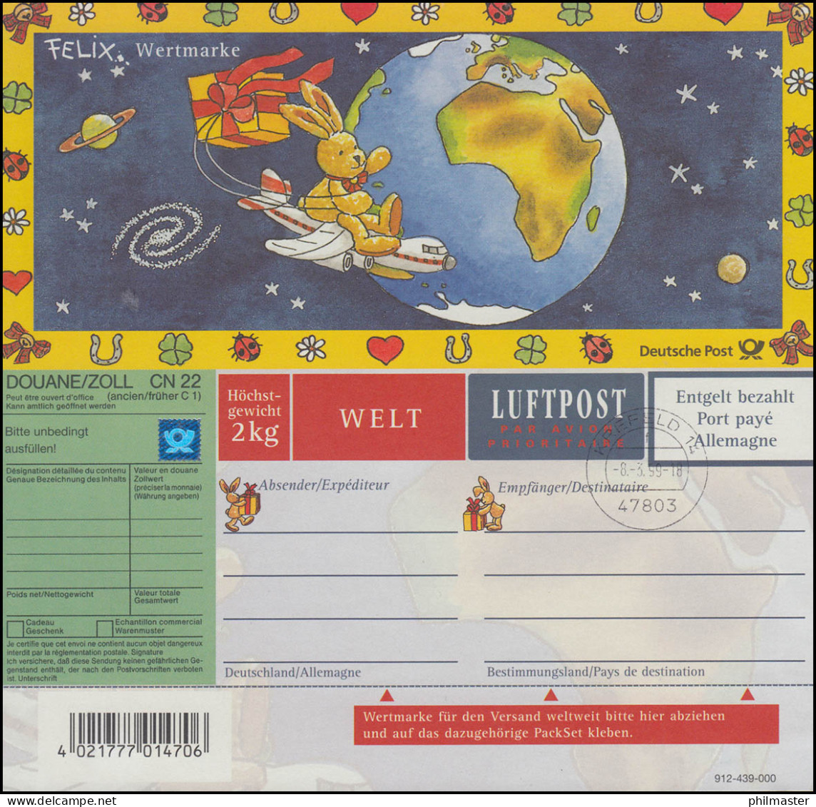 Päckchenadresszettel PZ 8/03 Felix WELT, Ersttagsstempel KREFELD 8.3.1999 - Machines à Affranchir (EMA)