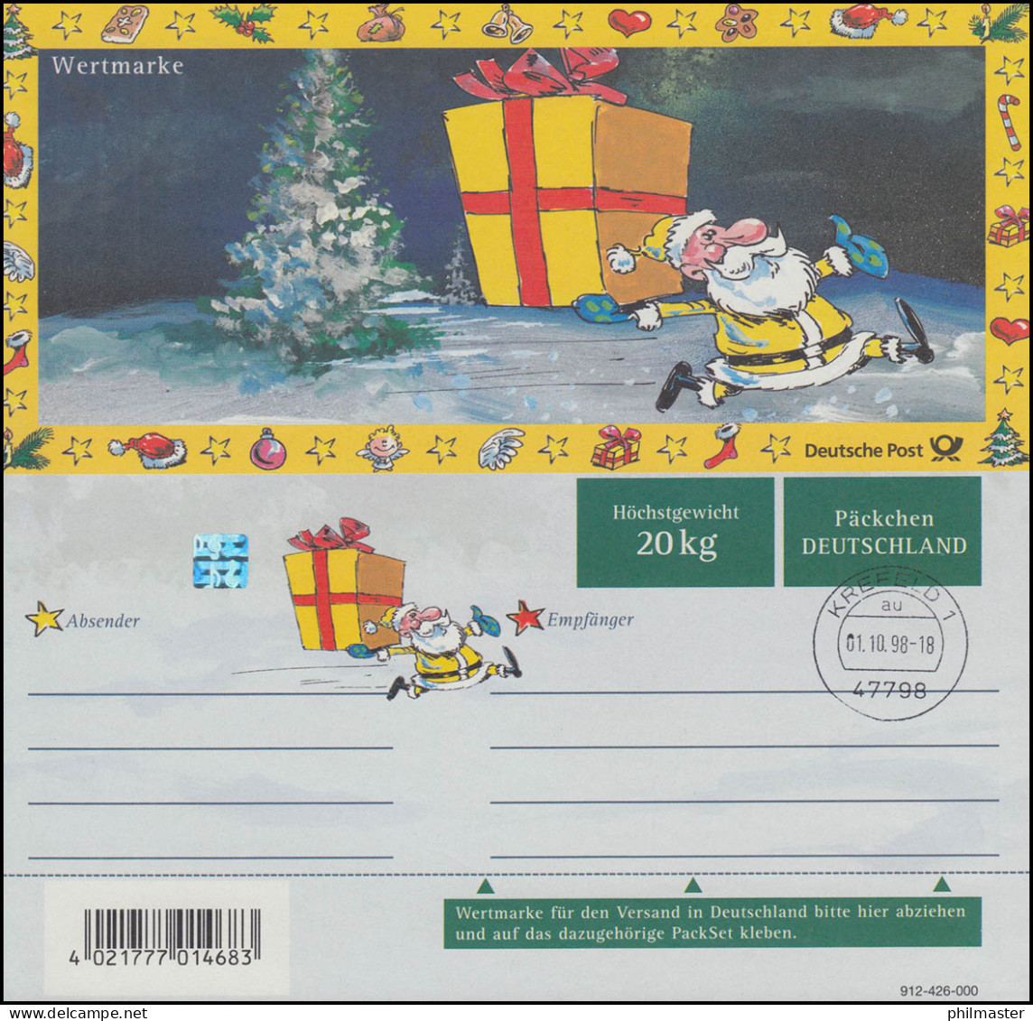 Päckchenadresszettel PZ 6/01 Weihnachten DEUTSCHLAND, Ersttags-O KREFELD 1.10.98 - Maschinenstempel (EMA)