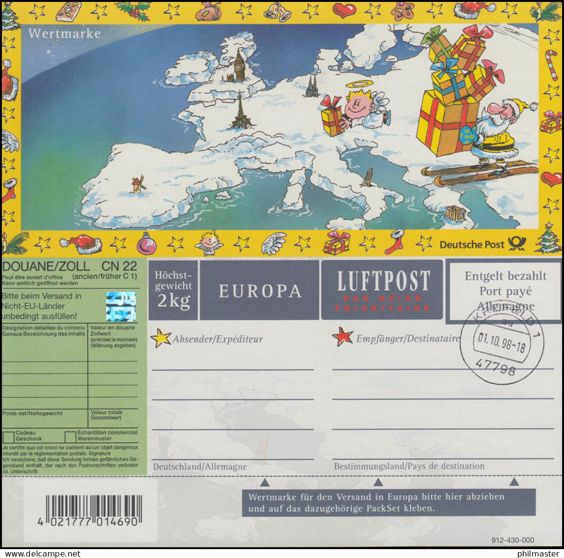 Päckchenadresszettel PZ 7/01 Weihnachten EUROPA, Ersttagsstempel KREFELD 1.10.98 - Maschinenstempel (EMA)
