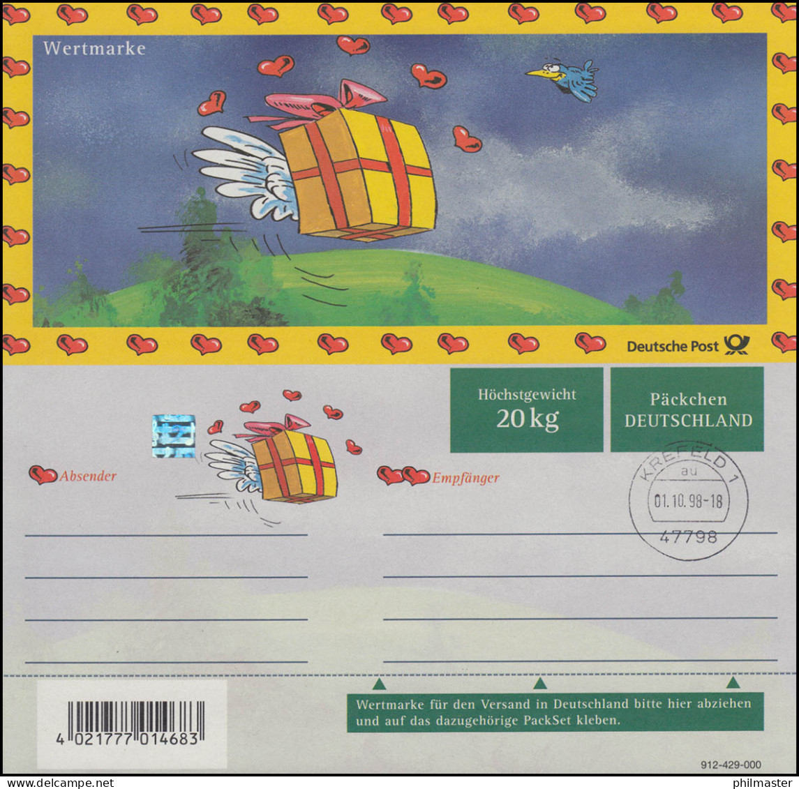 Päckchenadresszettel PZ 6/04 Liebe DEUTSCHLAND, Ersttagsstempel KREFELD 1.10.98 - Maschinenstempel (EMA)