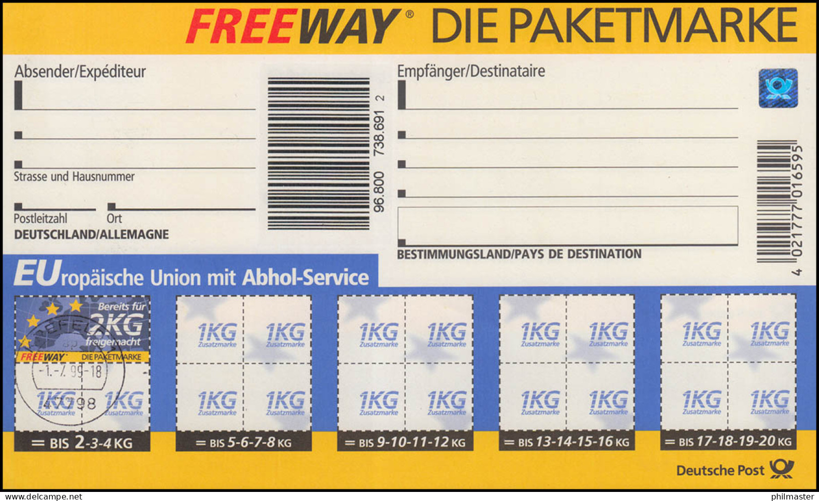 Paketadresszettel PZ 11 EU-Abholservice 2 KG Mit Ergänzungsmarke, ET-O 1.7.1999 - Macchine Per Obliterare (EMA)