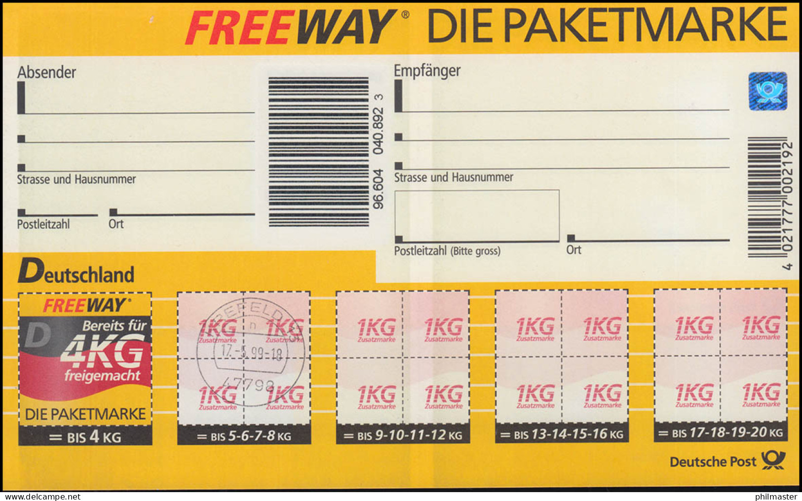 Paketadresszettel PZ 9 Freeway D 4 KG, Ersttagsstempel KREFELD 17.5.99 - Maschinenstempel (EMA)