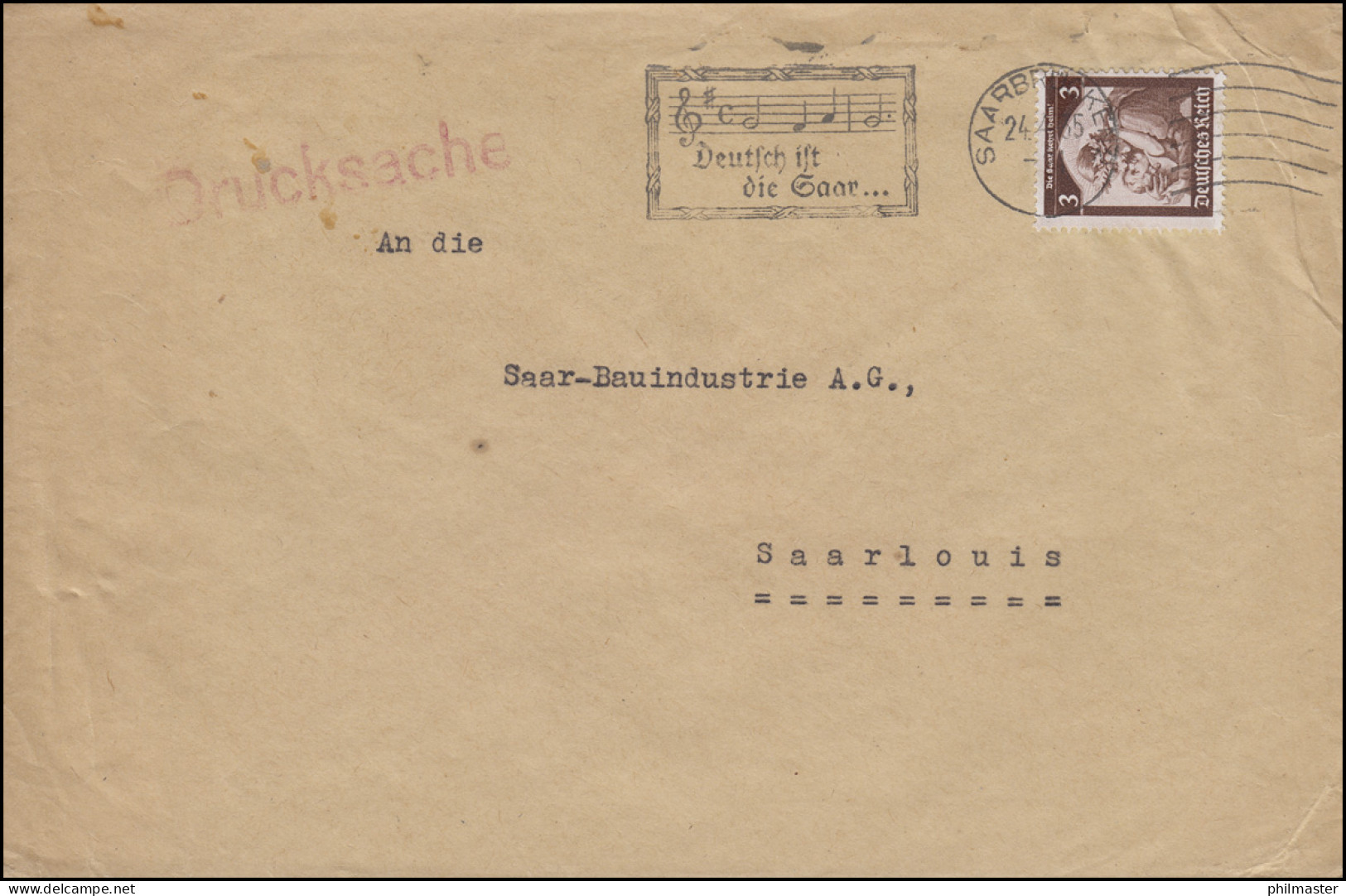 Werbestempel "Deutsch Ist Die Saar..." Auf Drucksache SAARBRÜCKEN 24.4.1935 - Música