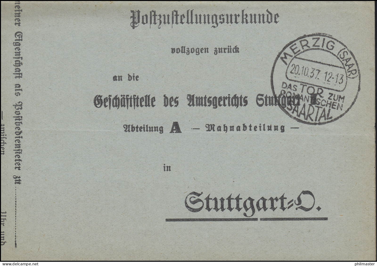 Postzustellungsurkunde Mit SSt. MERZIG Das Tor Zum Romantischen Saartal 30.10.37 - Storia Postale