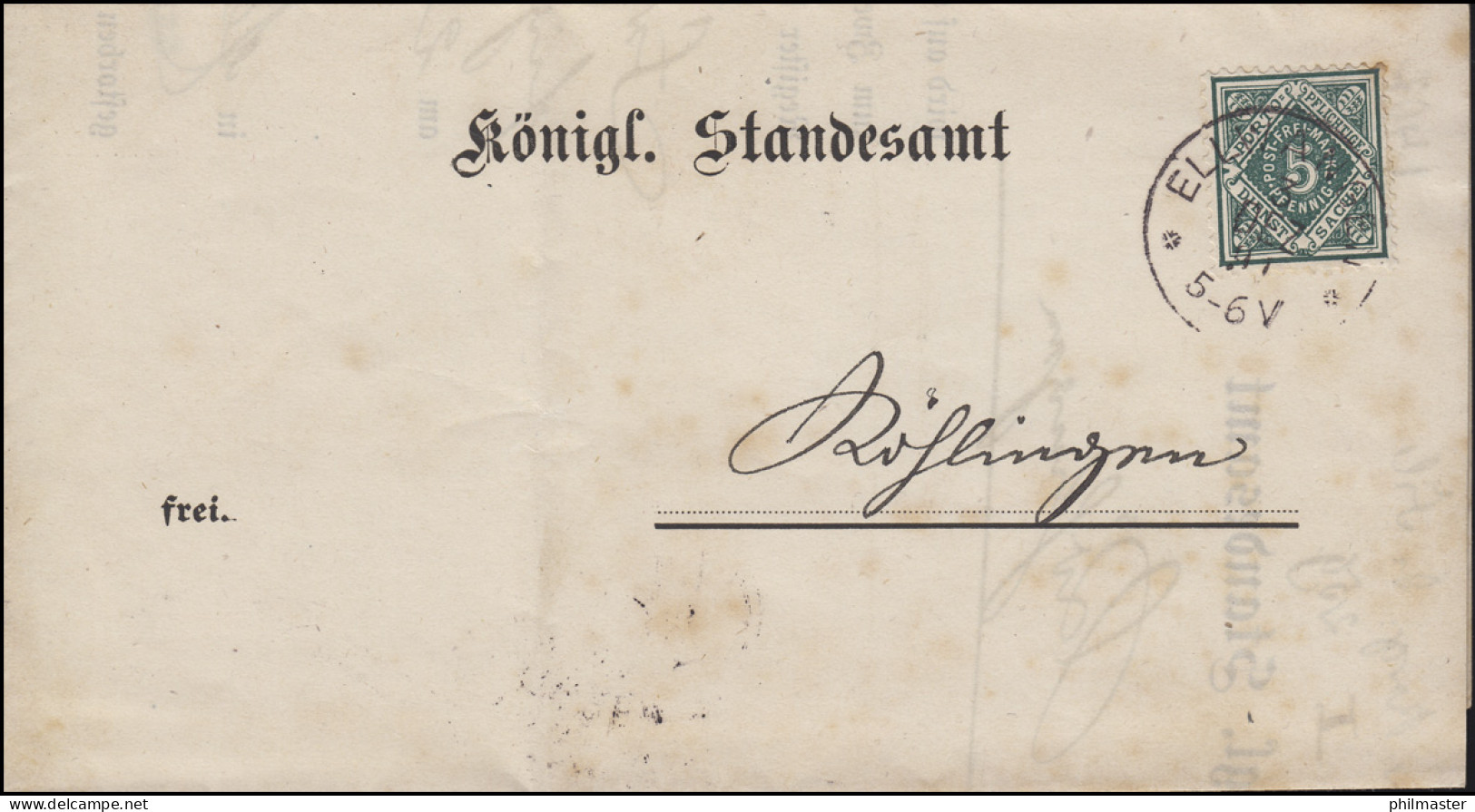 103 Dienstmarke 5 Pf. EF Königl. Standesamt ELLWANGEN  3.12.1891 Nach RÖHLINGEN - Lettres & Documents