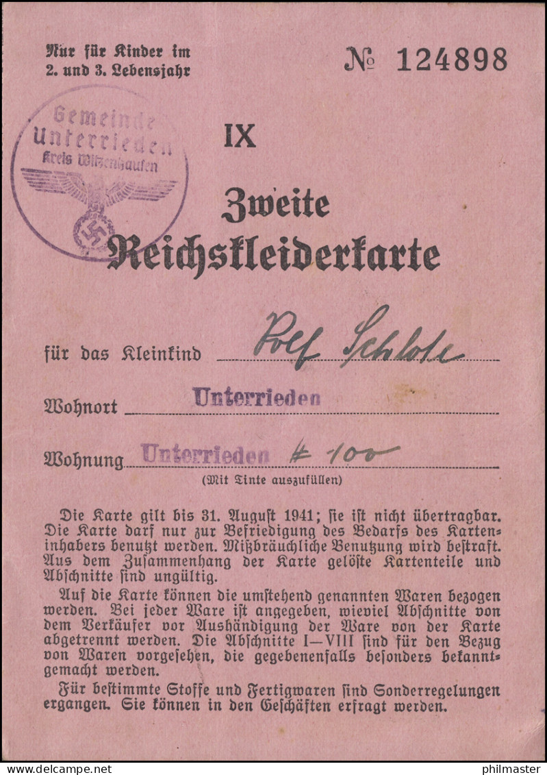Gemeinde Unterrieden / Witzenhausen 2. Reichskleiderkarte Für Kinder, 1941 - Lettres & Documents