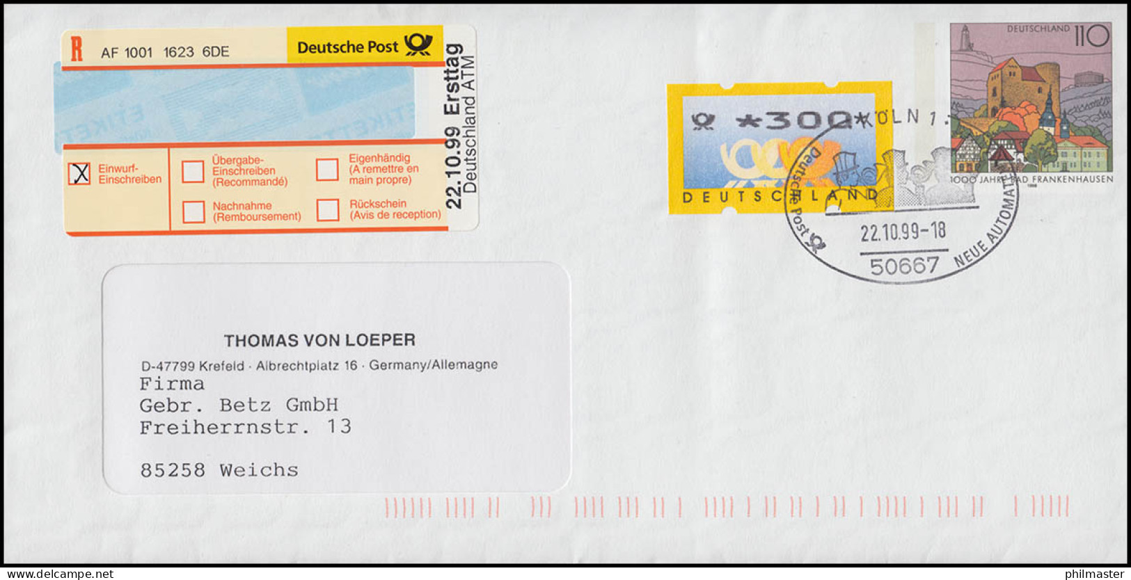 3.2 Posthörner 300 Auf USo 6Y Mit S-R-Z Ersttag Deutschland ATM, ESSt 22.10.99 - R- Und V-Zettel