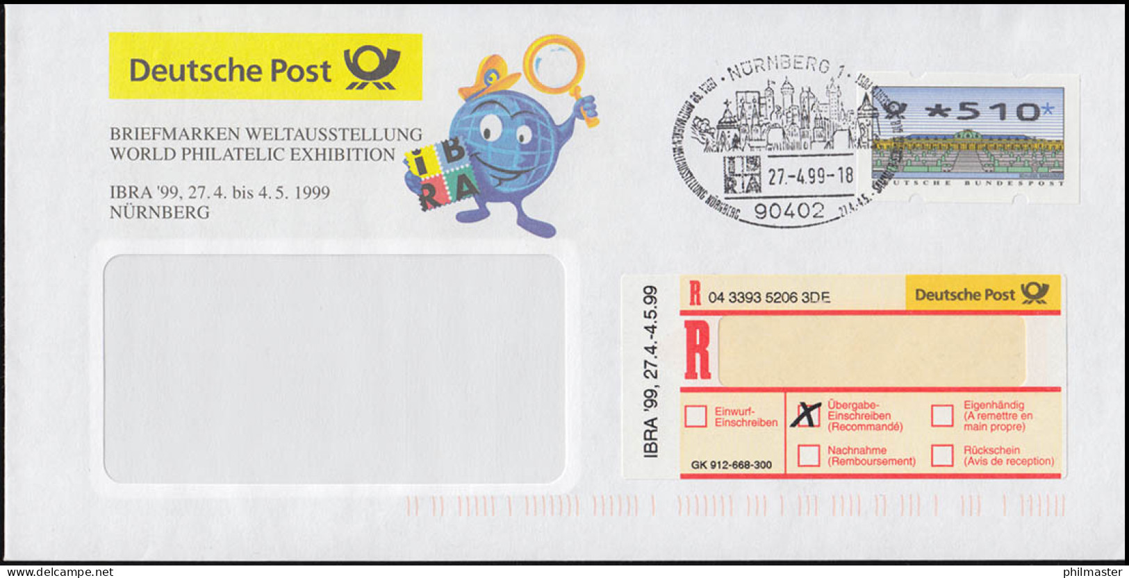 Sonder-R-Zettel IBRA'99: Passender R-Brief ATM 510 Als ÜE, SSt NÜRNBERG 27.4.99  - Philatelic Exhibitions