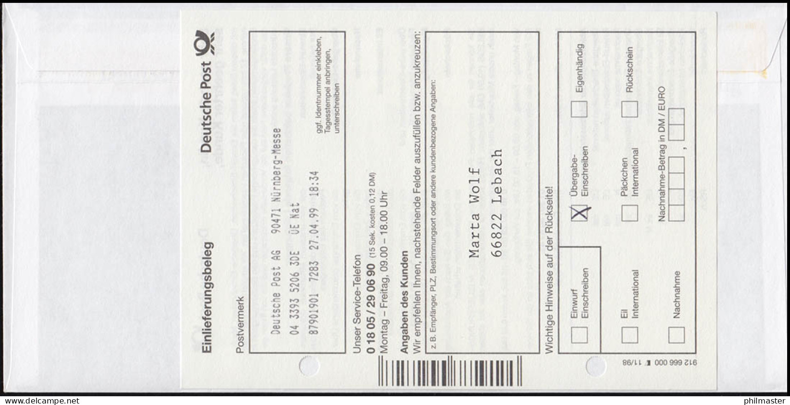 Sonder-R-Zettel IBRA'99: Passender R-Brief ATM 510 Als ÜE, SSt NÜRNBERG 27.4.99  - Expositions Philatéliques