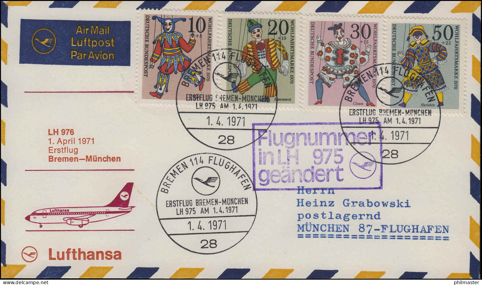 Erstflug Luftpost Lufthansa Flugnummer Geändert LH 975 Bremen/ München 1.4.1971 - Primi Voli