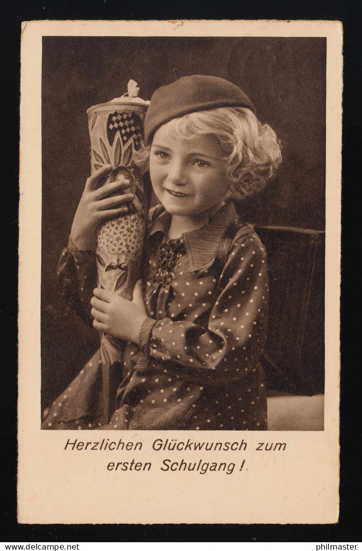 Foto AK Nr. 1879 Blondes Mädchen Kleid Schultüte, 1. Schulgang Glauchau 9.4.1937 - Other & Unclassified