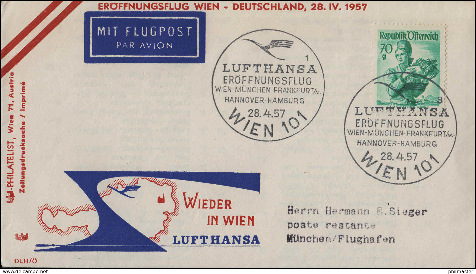 Eröffnungsflug Lufthansa Luftpost Wien 101 / München 28.4.1957 Wieder In Wien - Primi Voli
