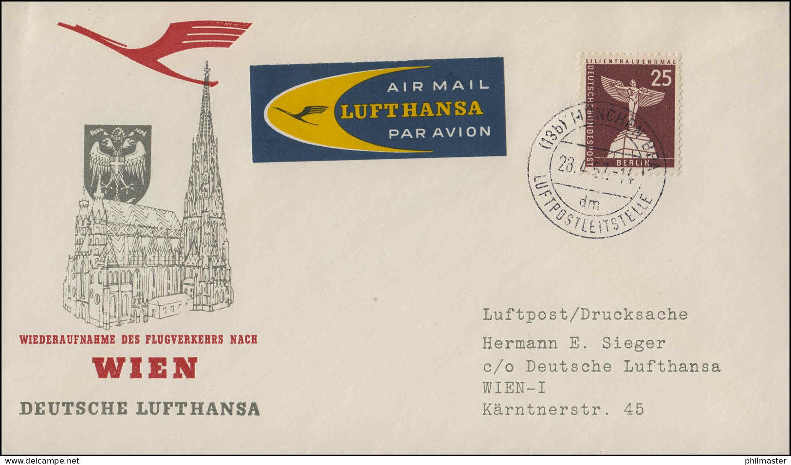 Eröffnungsflug Lufthansa Luftpost München 28.4.1957 / Wien 101 28.4.57 - Premiers Vols