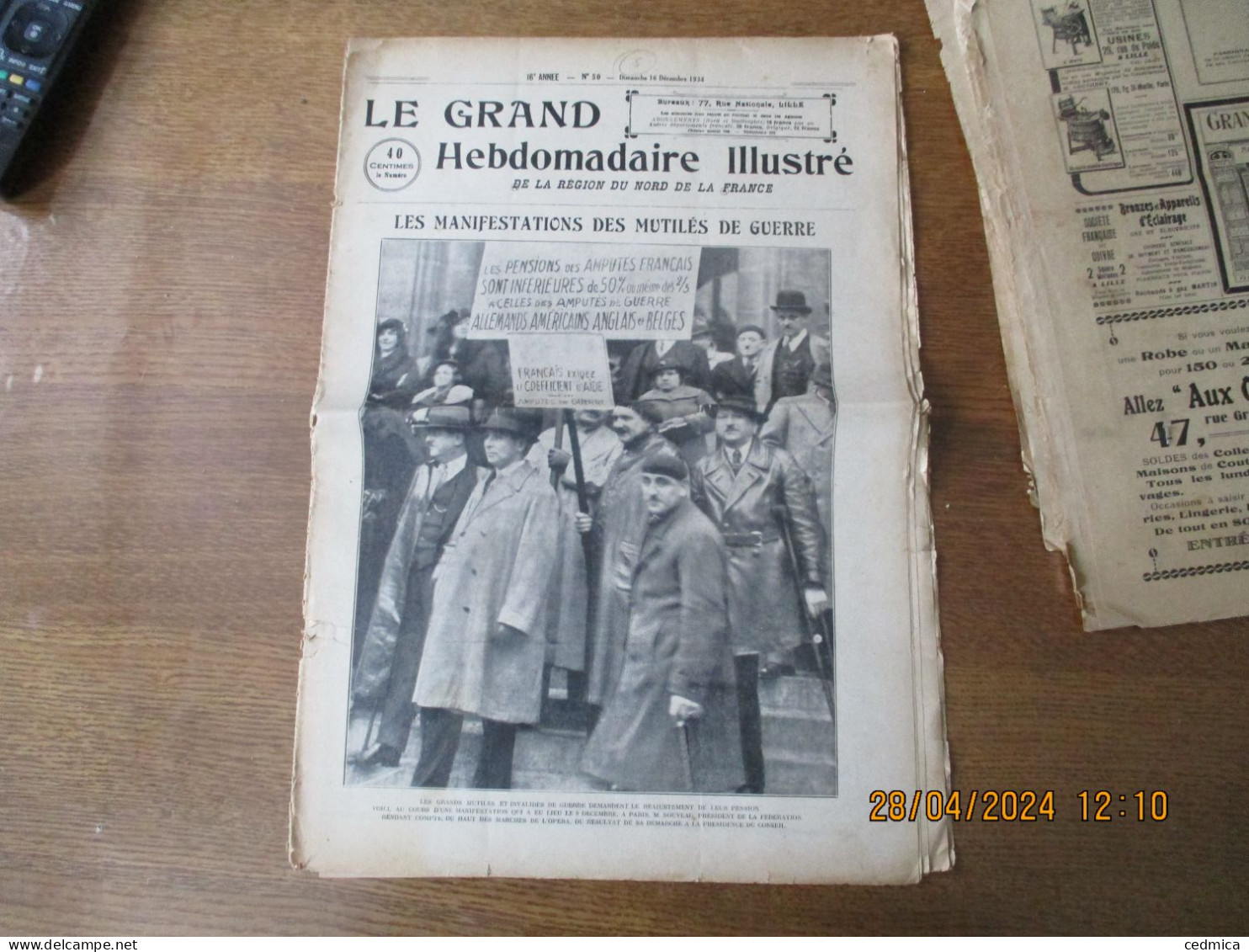 LE GRAND HEBDOMADAIRE ILLUSTRE DU NORD 16 DECEMBRE 1934 LES MANIFESTATIONS DES MUTILES DE GUERRE,OMER BOUCHERY,SPORTS,SA - Picardie - Nord-Pas-de-Calais
