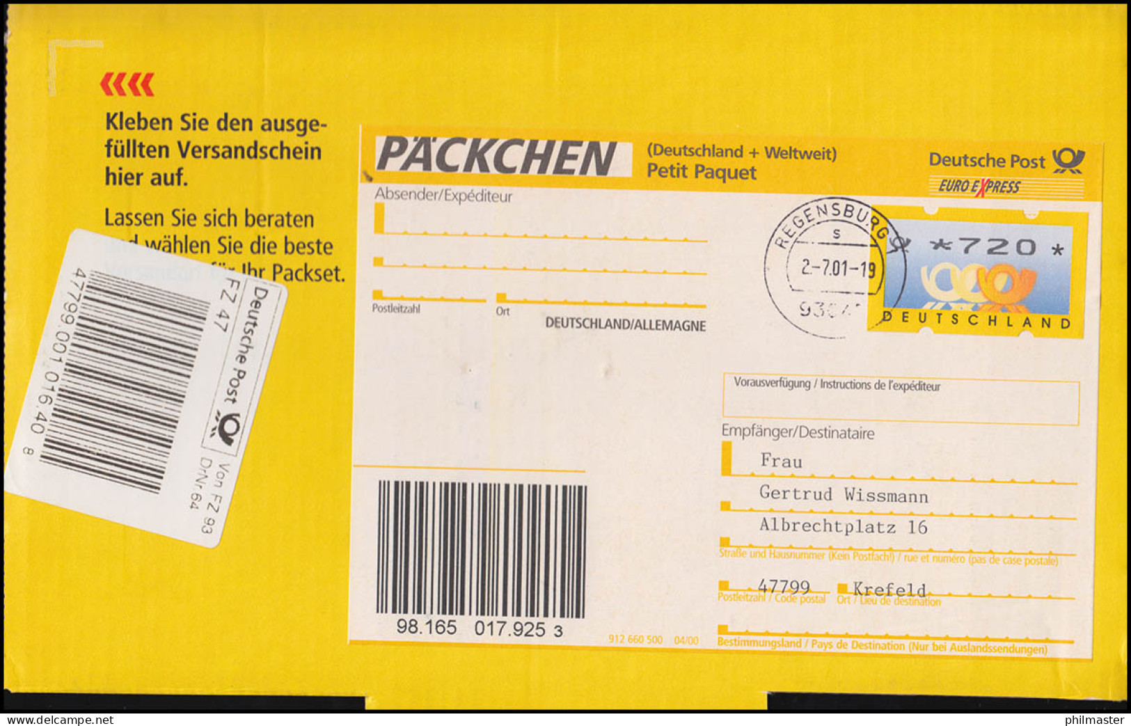 3.3 Posthörner Sielaff Ergänzungswert 720 Als EF Päckchenausschnitt ET-O 2.7.01 - Machine Labels [ATM]