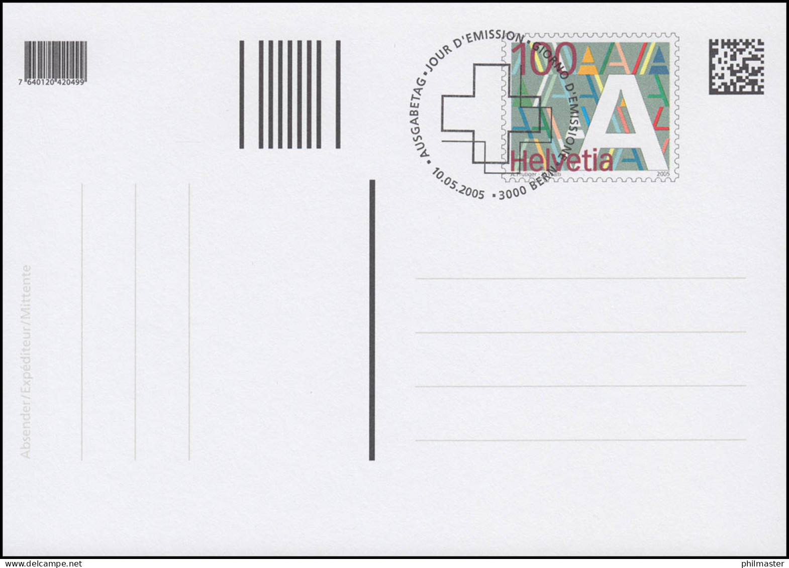 Schweiz Postkarte P 309 Dauerausgabe A-Post 2005, ESSt Bern 10.5.2005 - Stamped Stationery