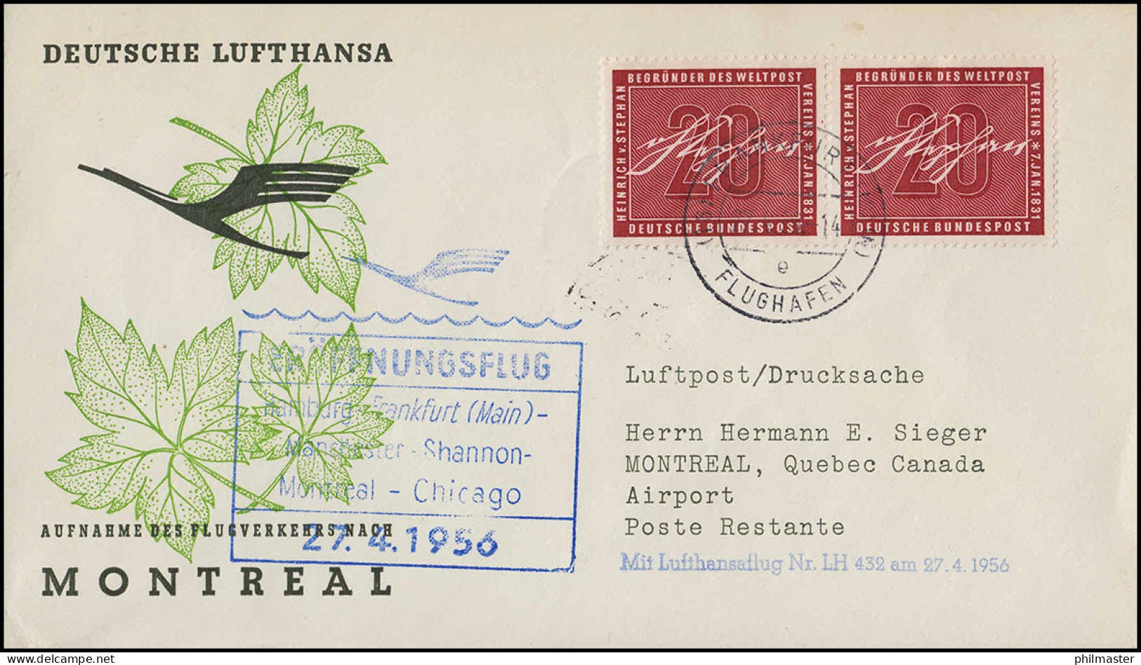 Eröffnungsflug Lufthansa LH 432 Montreal, Frankfurt 27.4.1956 / Montreal 28.4.56 - Erst- U. Sonderflugbriefe