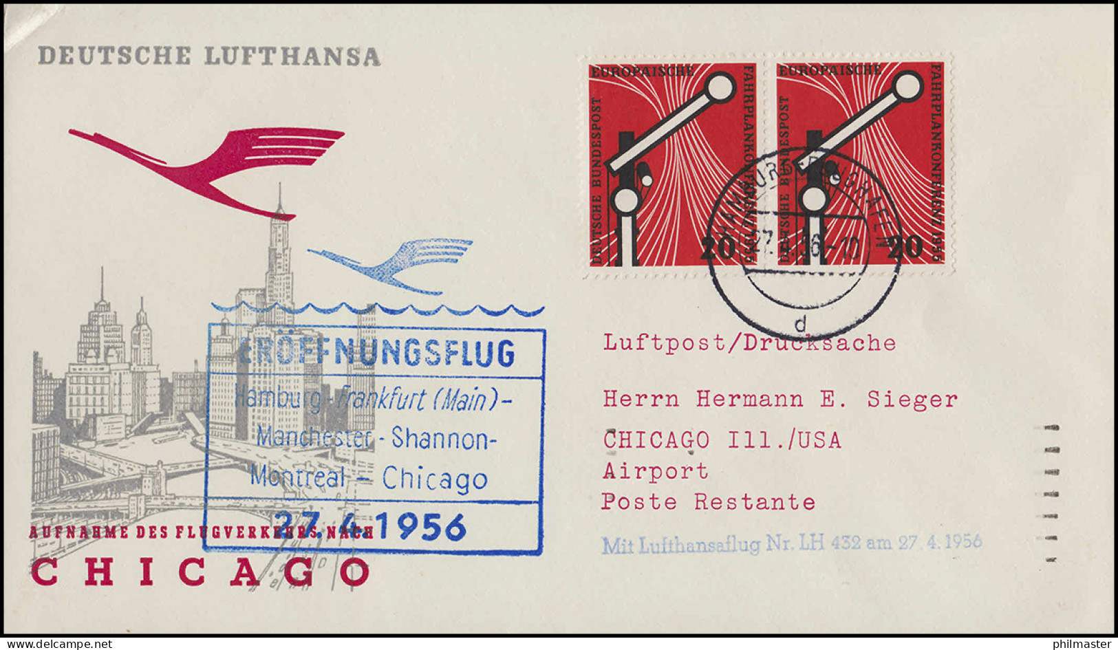 Eröffnungsflug Lufthansa LH 432 Chicago, Hamburg 27.4.1956 / Chicago 28.4.56 - First Flight Covers