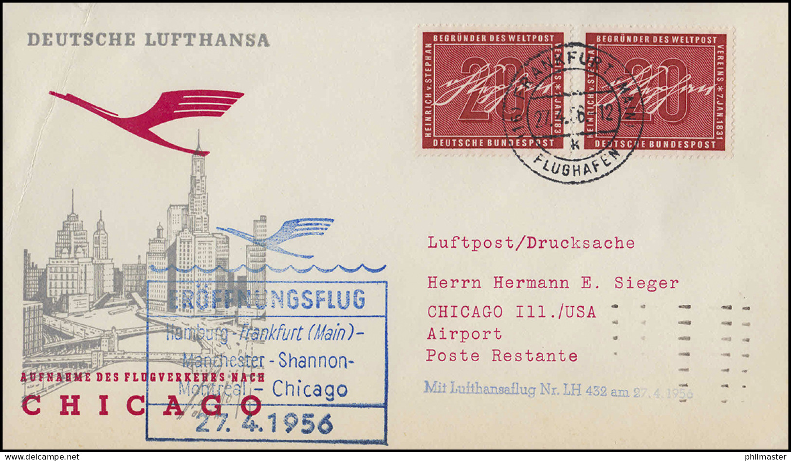 Eröffnungsflug Lufthansa LH 432 Chicago, Frankfurt 27.4.1956 / Chicago 28.4.56 - Erst- U. Sonderflugbriefe